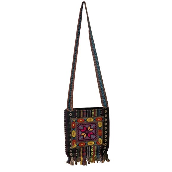 Handwoven Boho Crossbody Bag With Vibrant Geometric Embroidery & Fringed Bottom - Picture 1 of 5